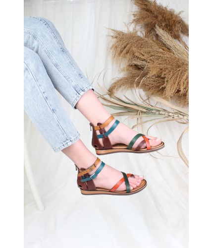 Ülkü Yaman Collection Hakiki Deri Günlük Kadın Sandalet Yeni Sezon Multi Renk