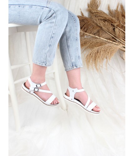 Ülkü Yaman Collection Hakiki Deri Günlük Kadın Sandalet Yeni Sezon Beyaz Renk - 5102305